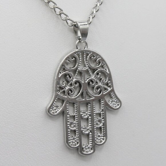 Jewelry necklace chain Hamsa hand protection white gold tone fashion brand new - Picture 2 of 5